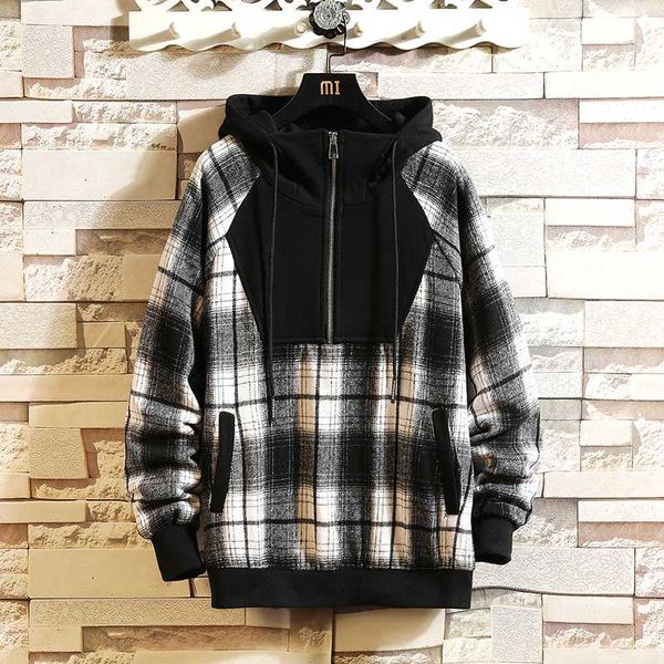 

2020 hooded patchwork jacket tracksuit casual fashion plaid half zipper jacket teenager hip hop jackets coats streetwear for boy, Black;brown