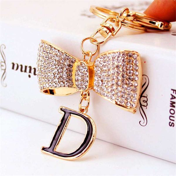 

creative rhinestone d letter bow butterfly keychain female bag accessories car key ring luxury pendant small gifts, Silver
