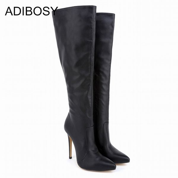 

women long boots black thin high heels knee high boots fashion winter warm leather zip pointed-toe women long shoes booties