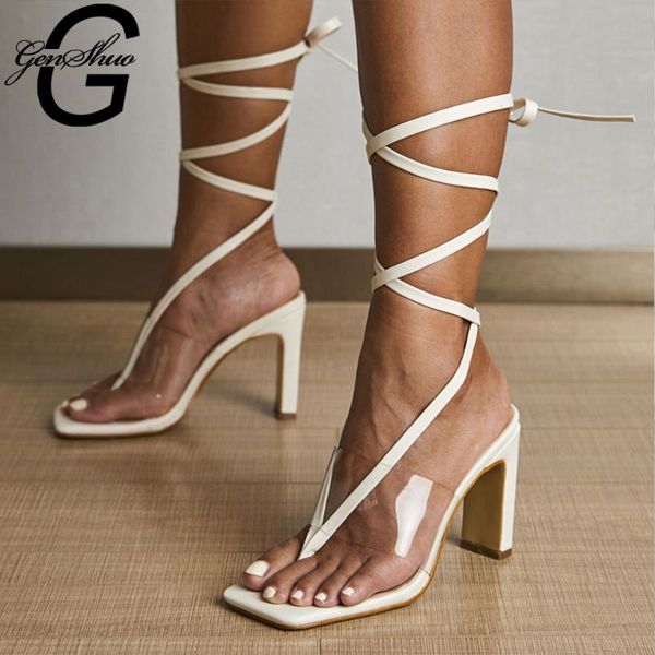 

genshuo transparent pvc sandals women square toe thick soled sandals high heel pumps summer shoes peep toe ladies pumps, Black