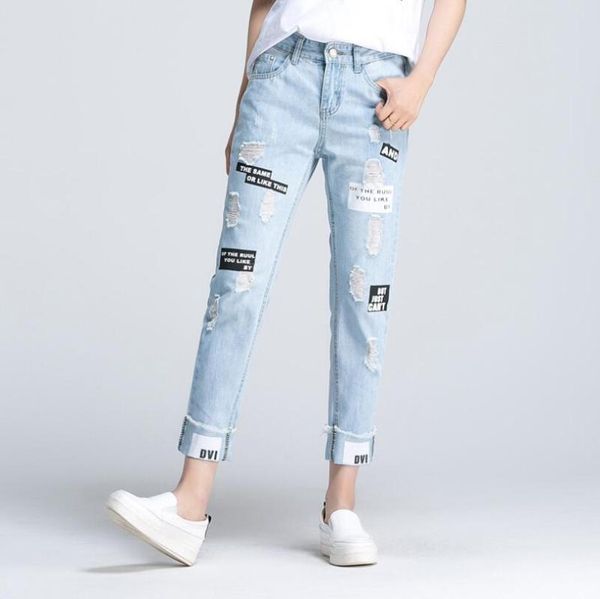 

2020 spring letter print ripped jeans new fashion summer button mid waist women trousers blue pocket casual jeans p433