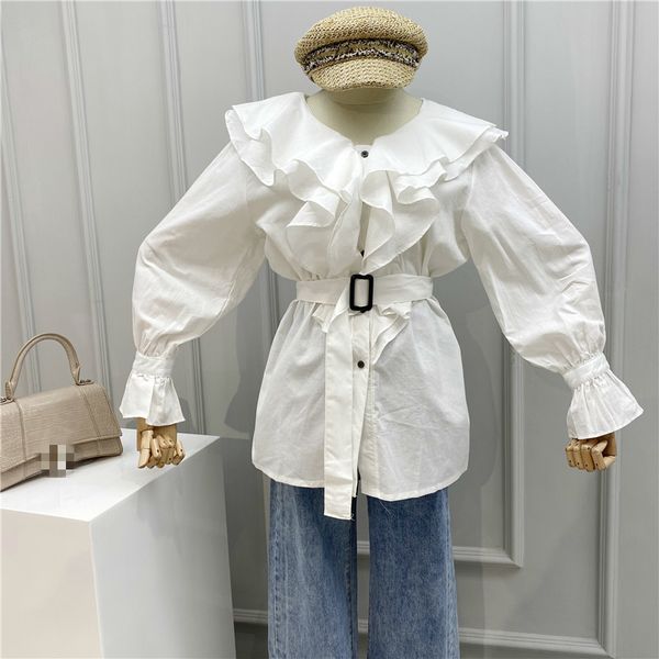 

ewq] 2020 spring summer new sweet double-layer flare sleeve womens and blouses loose lacing ruffles women shirt qx58612, White