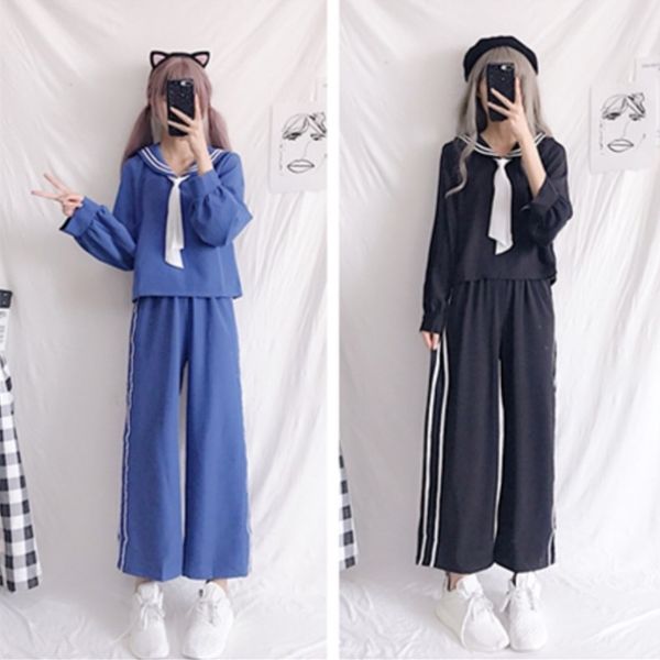 

sweet women's 2 pcs set: sailor collar long sleeve shirt+ankle-length loose trousers cute spring women fashion girl preppy style, Gray