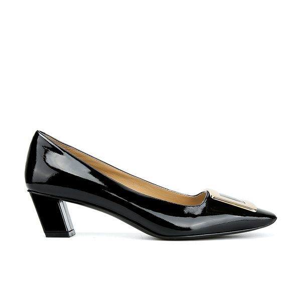 

4.5 cm leather shallow mouth square toe with square buckle single shoe, Black