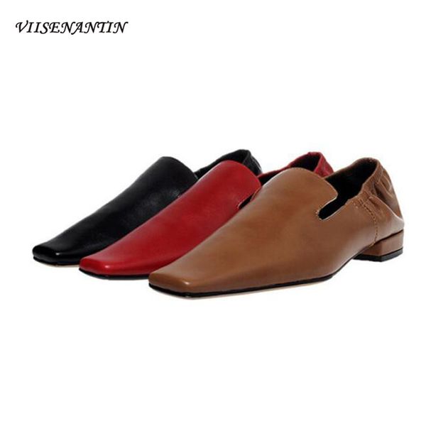 

viisenantin square head flat shoes women 2020 spring new oil wax leather elastic band single shoes korean witch, Black