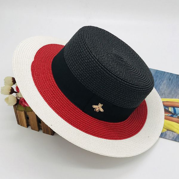 

2020 new british summer quality color matching tide hat bee fashion female straw hat sunscreen sunscreen japanese flat wide, Blue;gray