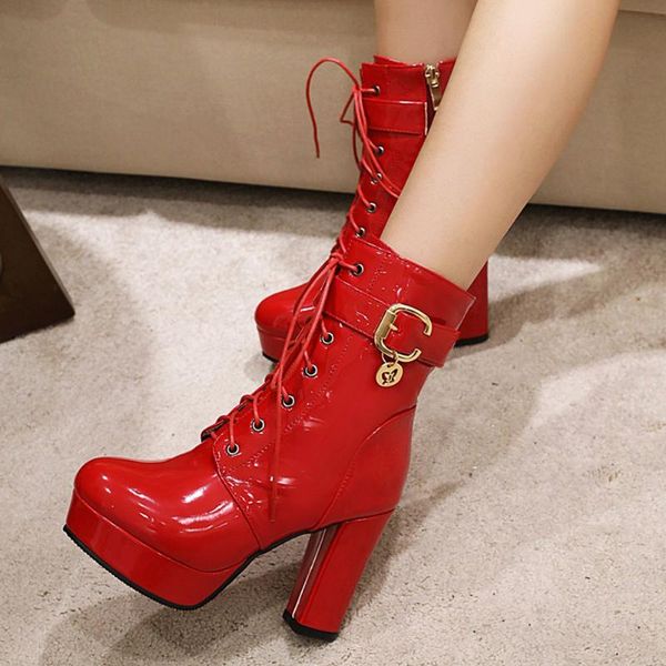 

bonjomarisa female buckle fashion mid calf boots lace up high heels metal boots women autumn designer elegant shoes woman, Black