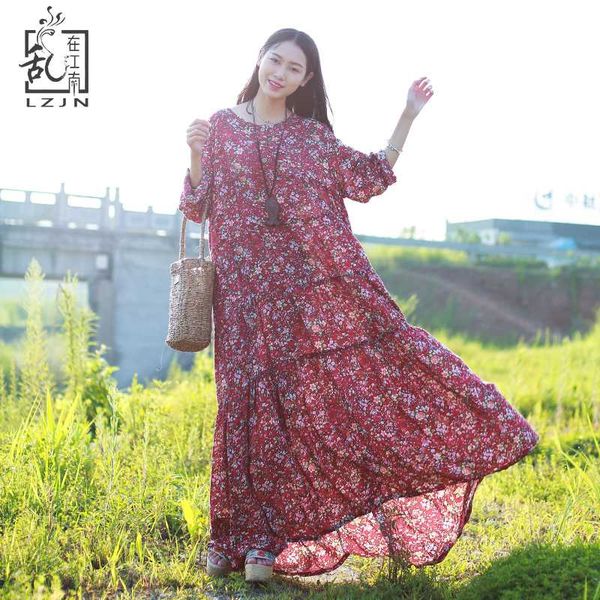 

casual dresses lzjn long sleeve beach boho dress 2021 summer autumn floral maxi women cotton linen shirt ethnic robe femme kleid, Black;gray