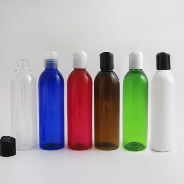 

24 x 250ml round shoulder blue red clear amber pet bottle container with disk cap 250cc empty transparent plastic shampoo bottle