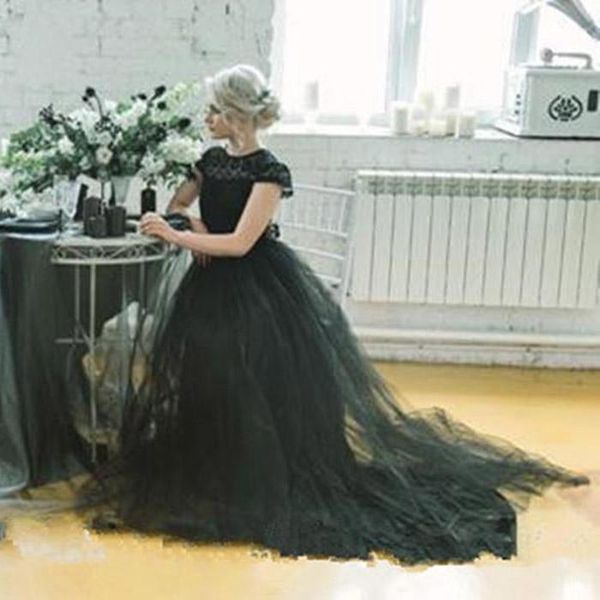 

2021 black gothic wedding dresses short cap sleeves tulle lace jewel neck backless custom made a line wedding gown vestido de novia, White