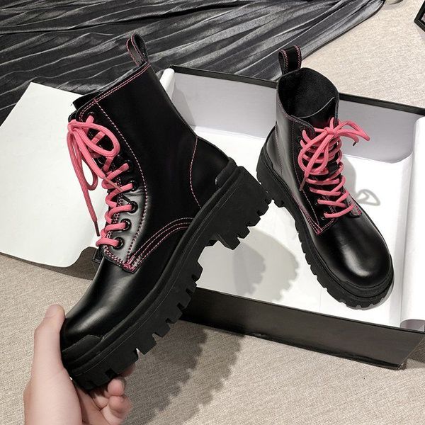 

autumn women boots lolita shoes pink black lace up all match women flat boots big size 35-39 zapatos de mujer 2020 cute shoes