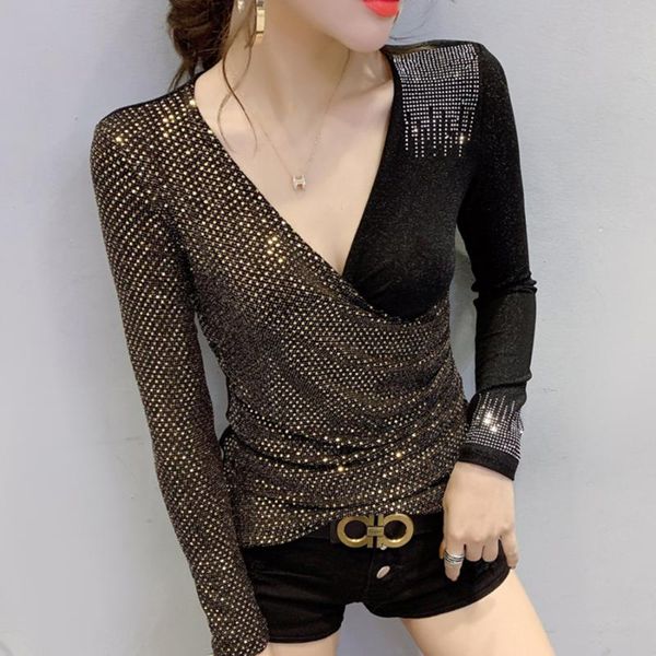 

women's t-shirt 2021 spring sequins diamond pleated slim v neck t shirts for women long sleeve shirt mesh tshirt, White