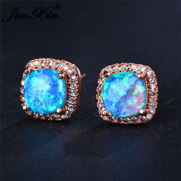 

junxin luxury female rainbow fire opal stud earrings for women rose gold blue/white opals purple green zircon wedding ear studs, Golden;silver