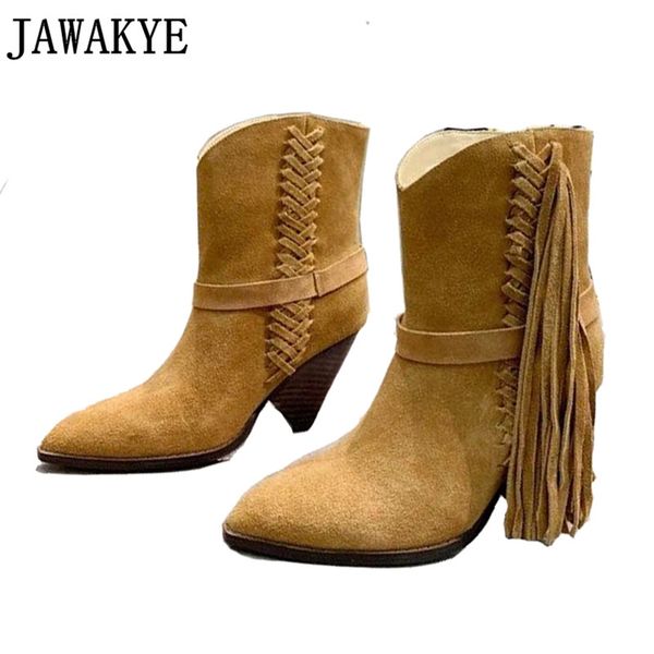 

jawakye bohemian кисточкой ботильоны высокого качества европейского дизайнера короткие boo зима новый конус каблук острым носом сапоги женск, Black