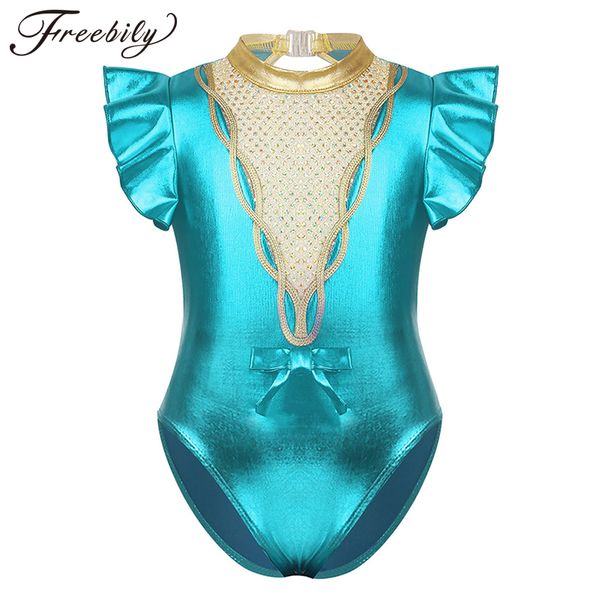 

stage wear kids girls short flutter sleeves metallic sparkly sequins ballet gymnastics leotard jumpsuit showman performance dance costume, Black;red