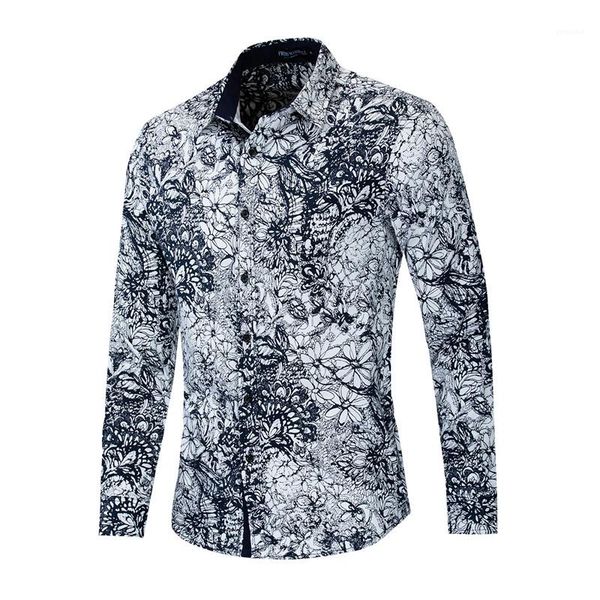 

turn down collar long sleeve mens shirts casual mens clothing floral print mens designer shirts fashion, White;black