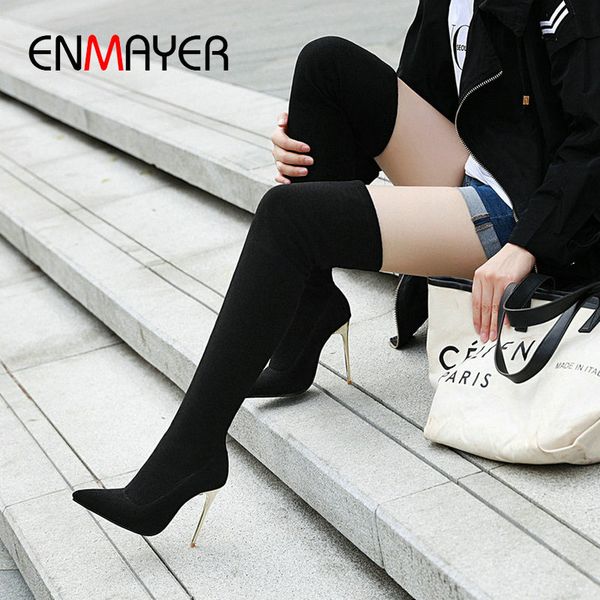 

enmayer 2020 leopard grain thigh high boots basic pointed toe thin heels stretch fabric over-the-knee womens boots 34-43, Black