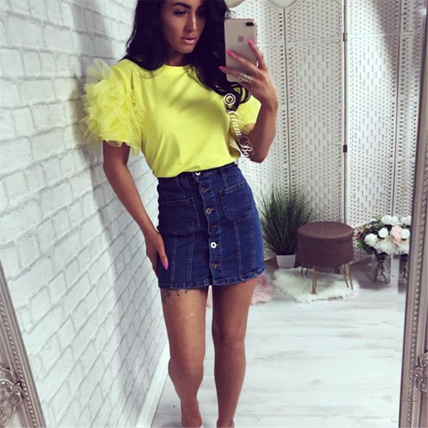 

women boho summer tulle ruffle short sleeve t shirt lady casual blouse shirt t shirt lady loose blouse, Gray