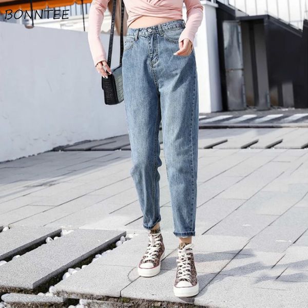 

jeans women large size simple retro straight korean style harajuku ankle-length trousers womens high waist students trendy daily, Blue