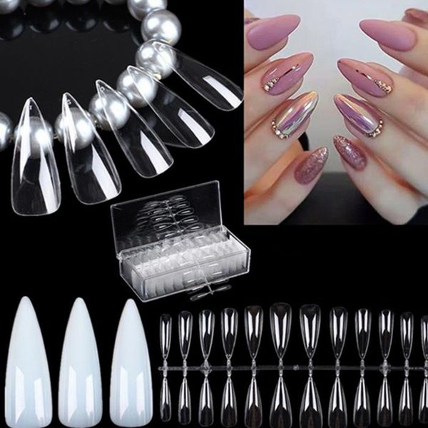 

false nails fashion 504pcs almond nail tips clear natural full cover acrylic fake faux ongles long manicure tool 20#925, Red;gold