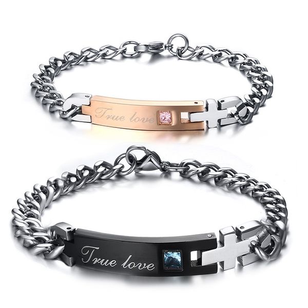 

link, chain titanium steel bracelets inlaid delicacy blue zircon couples, Black