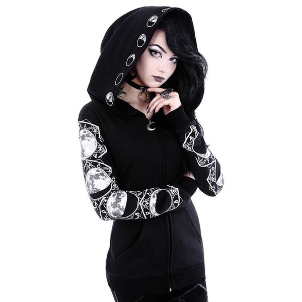 

sisjuly vintage goth black hoodie crescent moon pocket hooded hoodies women spring pentacle halloween plus size witch sweatshirt cx200814
