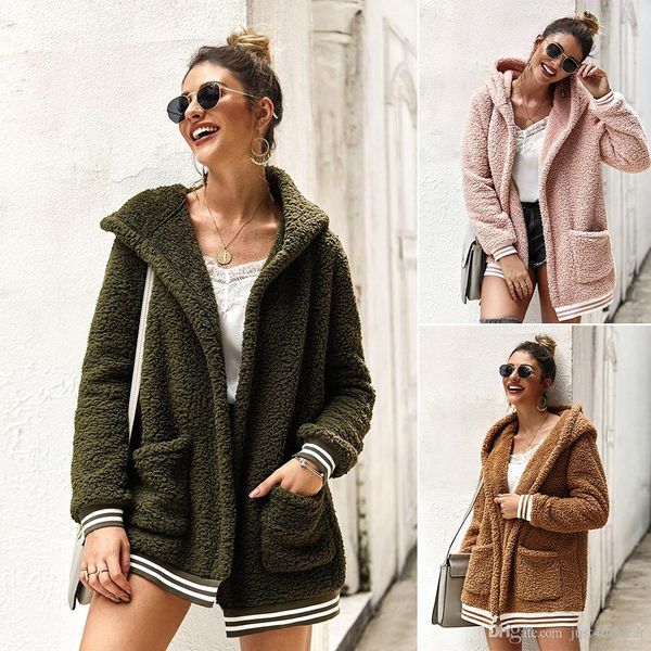 

women cardigan sweaters coats autumn winter warm hooded outwear stripe pocket fashion, White;black