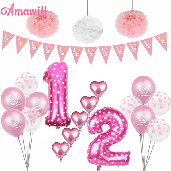 

amawill half birthday decorations kit latex balloons paper banner 6 months old baby shower girls 1/2 birthay party supplies 7d