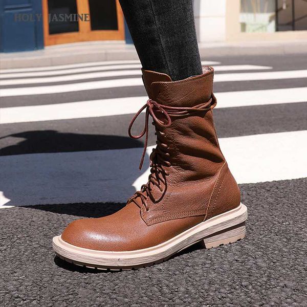 

holy jasmine 2020 real leather women boots new autumn winter retro mid-calf western pigskin rome lace-up flat with med (3cm-5cm, Black