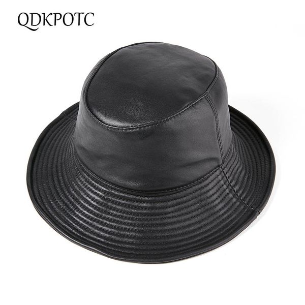 

qdkpotc 2020 spring autumn new men women high grade sheepskin fedoras fashion retro black bucket cap leather leisure hat, Blue;gray