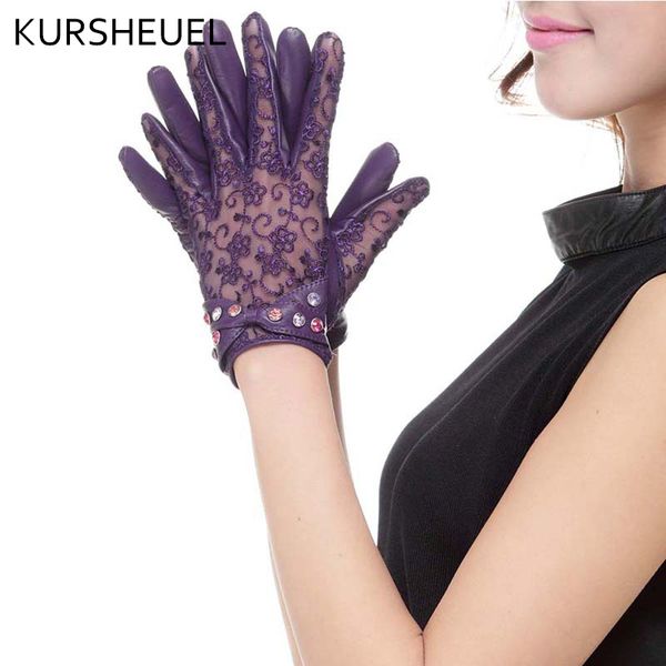 

women decorated lace leather gloves ladies summer uv protection motorcycle driving gloves full finger leather lace agb559, Blue;gray