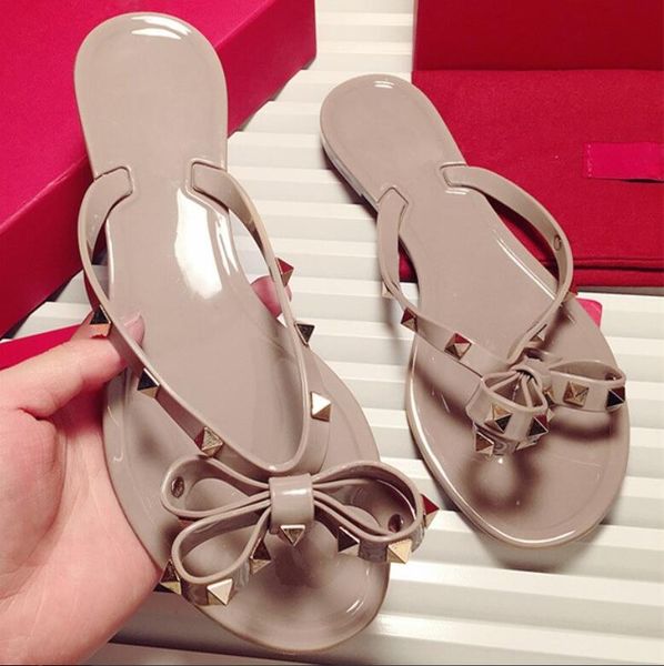 

woman summer sandals rivets big bowknot flip flops beach sandalias femininas flat jelly design sandals, Black