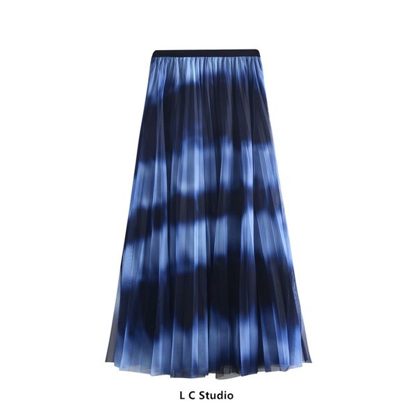 

skirts 2021 autumn tie dye print pleated womens european style elastic high waist mesh a line long skirt harajuku streetwear, Black