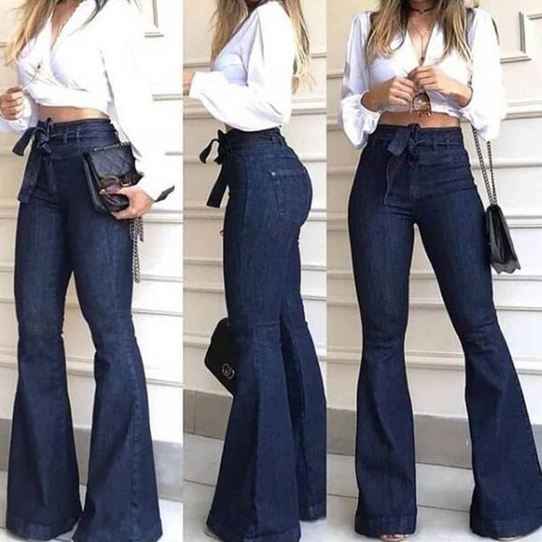 

2020 european and american autumn and winter new selling foreign trade high waist micro elastic lace-up flared pants wide leg pants jean, Blue