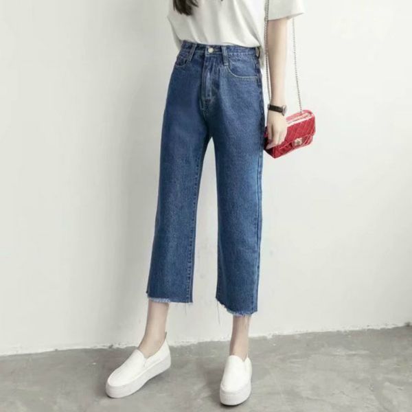

spring clothing korean-style high-waisted slimming straight-leg pants jeans women's 2020 loose-fit with holes flash capri pants, Blue