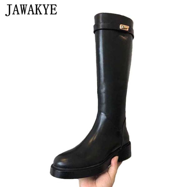 

jawakye women black metal lock knight boots real leather round toe 2020 autumn knee high boots british style long dress