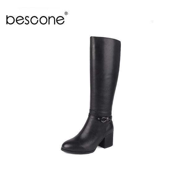 

boots bescone fashion ladies winter casual handmade warm square heel shoes basic solid 6.5 cm high zipper women bc458, Black