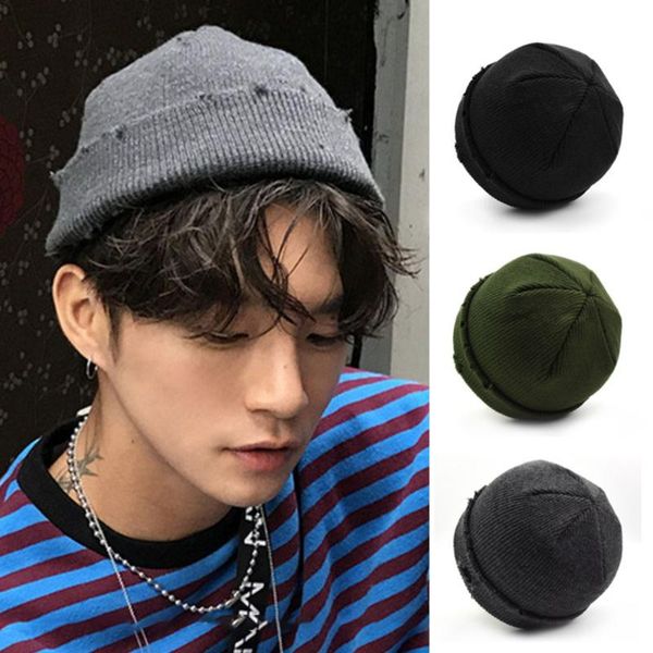

broken hole melon men's hat korean version of knitted wool hats warm simple personality fashion casual breathable trend, Blue;gray