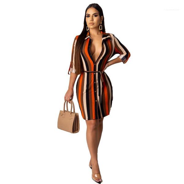 

panelled print shirt dress loose female clothing lapel neck womens casual dresses designer shirt dresses stripe, Black;gray