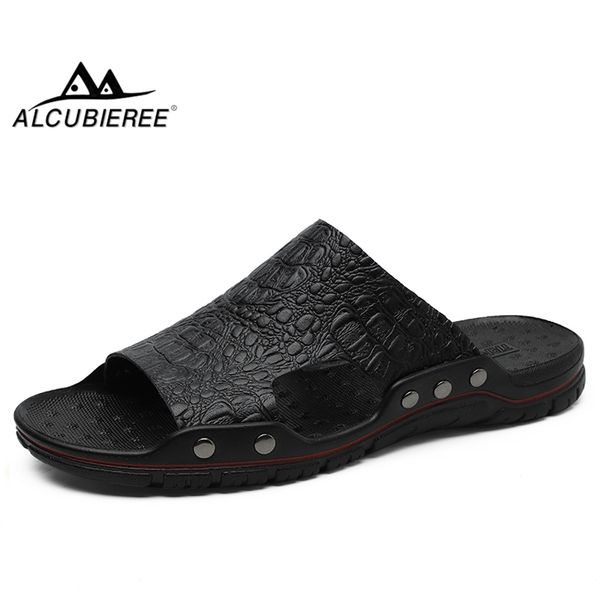 

alcubieree brand slippers summer men flat sandals breathable crocodile pattern flip flops non-slip indoor house home beach shoes, Black