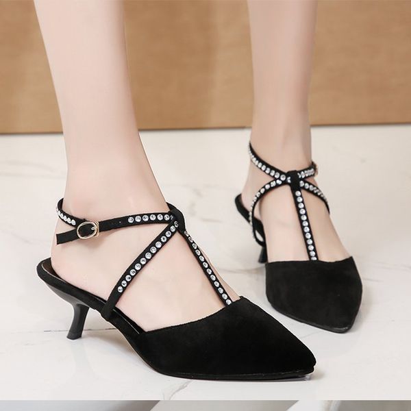 

women summer pointed toe rhinestone thin high heels sandals woman flock ankle strap fashion shoes woman flat ladies footwear, Black