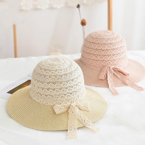 

summer ladies straw hat lace bow bucket hat travel sun beach, Blue;gray