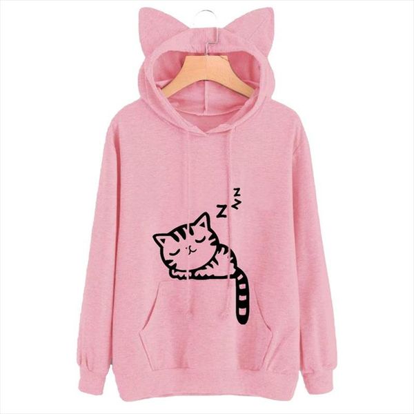 

2020 spring cat ear cap hoodies women cat printed hooded sweatshirts pink cute long sleeve loose pullover girls mujer, Black