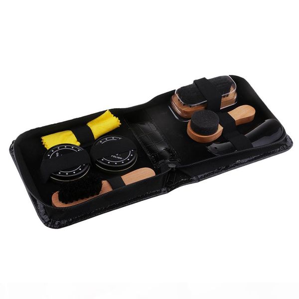 

7 in 1 travel shoe shine kit with black leather case for home daily shoes care, White;pink