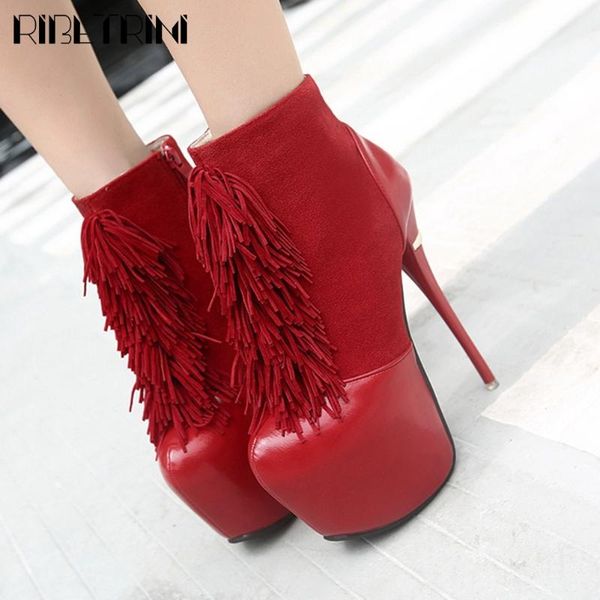 

ribetrini girl zipper dress party shoes platform high heels fringe ankle women boots 2020 patchwork boots, Black