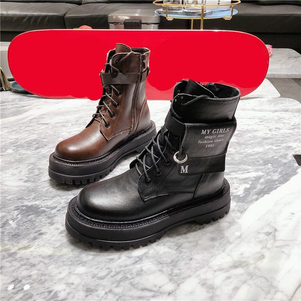 

deat 2020 new spring autumn fashion casual solid lace-up bag thick bottom leather single shoes women short cool boots sf414, Black
