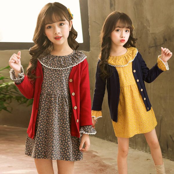 

2pcs spring autumn children grils princess dresses suits baby grils dress+coat sets cute ruffle collar clothes, White