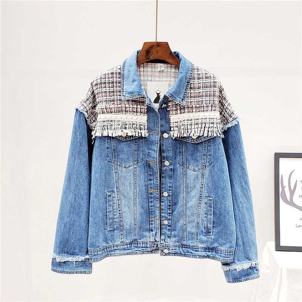 

women's jackets veste femme printemps 2021 plus size loose tweed tassel splice washed denim jacket harajuku vintage casual jeans, Black;brown