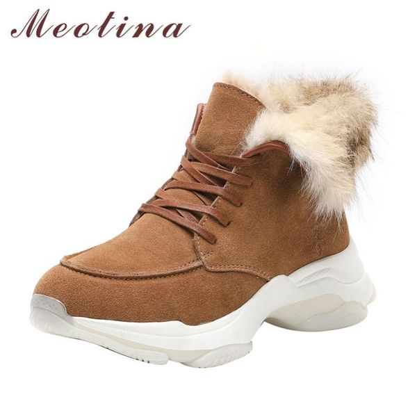 

boots meotina cow suede platform flat ankle women short shoes lace up real leather fur lining warm ladies winter, Black