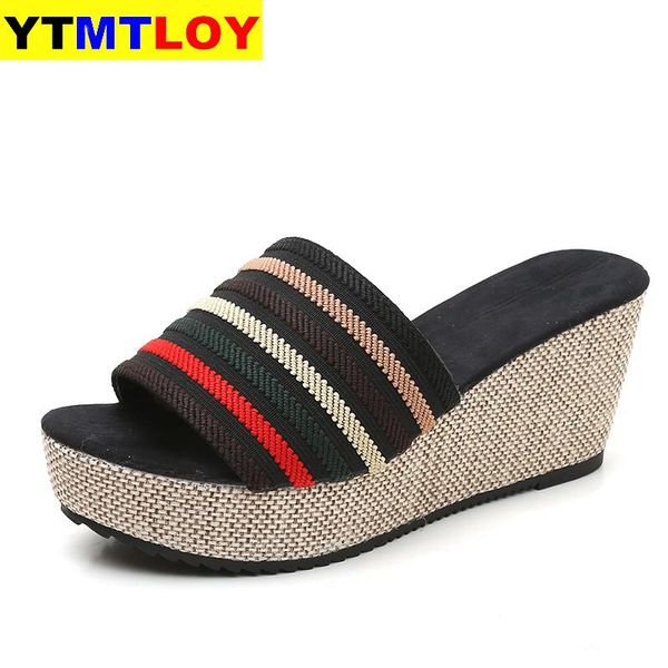 

women casual wedge summer slip-on high heel platform peep toe shoes sandals mixed colors fashion outside slippers size 35-40, Black